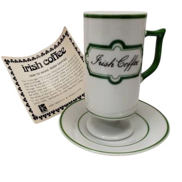 Vintage Knobler Japan White & Green Irish Coffee Mug/Saucer -- Set of 4 - Picture 2 of 9